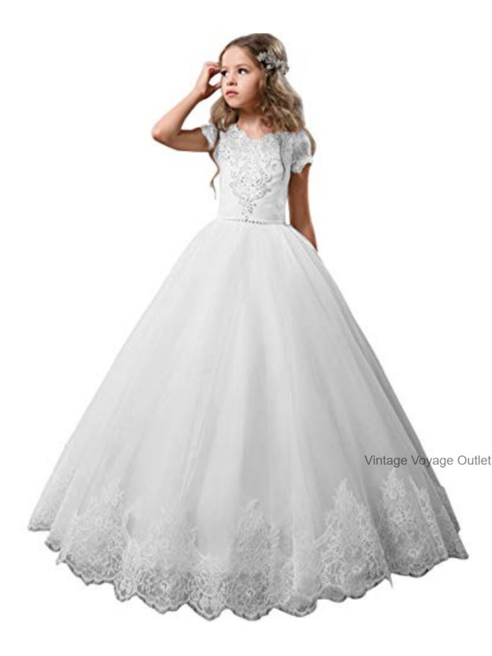 Girls Lace Ball Gown Flower Girl Dress with Cap Sleeves, Formal Pageant